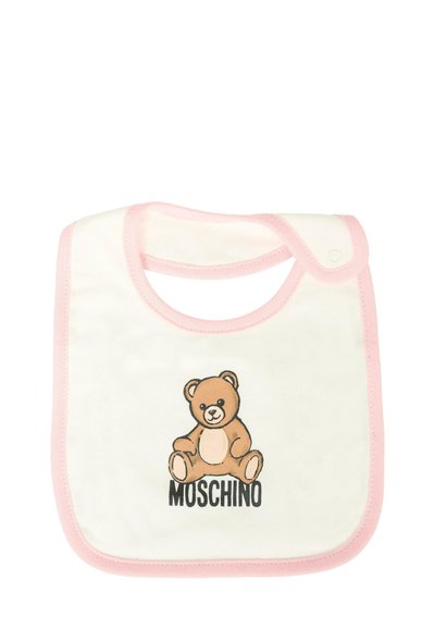 Biała śliniak z różowym wykończeniem, z rysunkiem kreskówkowego misia oraz nazwą marki "Moschino" na dole w czarnym kolorze. Wykonany z miękkiej bawełny.