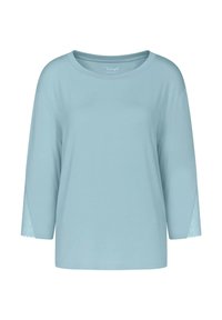 Jasnoniebieska koszulka z okrągłym dekoltem i rękawami 3/4, zdobiona koronkowymi detalami na krawędziach rękawów oraz luźnym krojem.