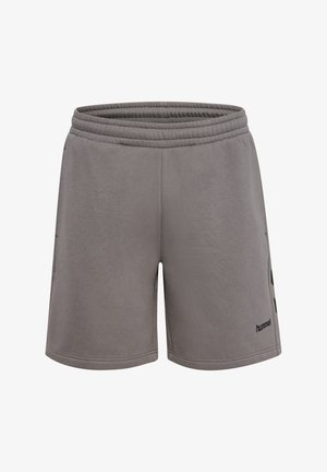 Grijze sportshorts met een elastische tailleband, voorzien van zwarte zijaccenten en logo. Gemaakt van zachte stof met een gladde textuur.