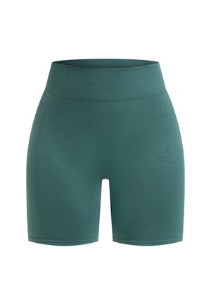 Short athletic shorts in a textured, dark green fabric with a high waistband and a fitted design, suitable for active wear.