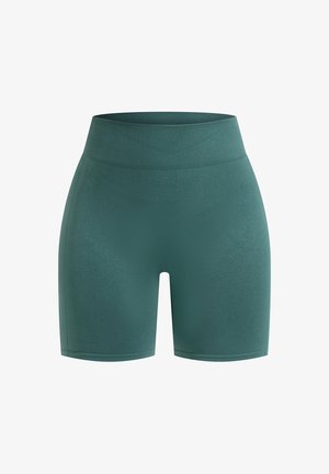 Kurze sportliche Shorts aus einem strukturierten, dunklen grünen Stoff mit hohem Bund und enganliegender Passform, geeignet für aktive Freizeitbekleidung.