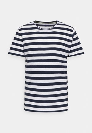 T-shirt à manches courtes avec col rond, à rayures horizontales bleu marine et blanches, présenté sur un fond clair uni.