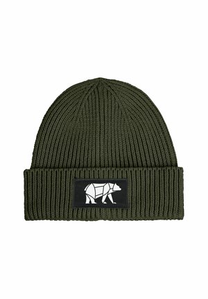 Olive green ribbed knit beanie with folded cuff featuring a black patch displaying a white geometric bear design.