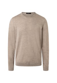 Beige crewneck tröja med lång ärm, tillverkad av ett mjukt, texturerat tyg. Ribbad mudd och nederkant ger detaljer till en minimalistisk design.