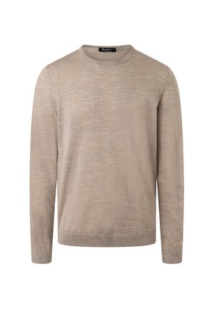 Beige Pullover mit Rundhalsausschnitt und langen Ärmeln, gefertigt aus einem weichen, strukturierten Stoff. Rippbündchen und Saum verleihen dem minimalistischen Design das gewisse Etwas.