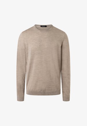 Maglione beige a girocollo con maniche lunghe, realizzato in un morbido tessuto testurizzato. I polsini e l'orlo a coste aggiungono un tocco di dettaglio a un design minimalista.