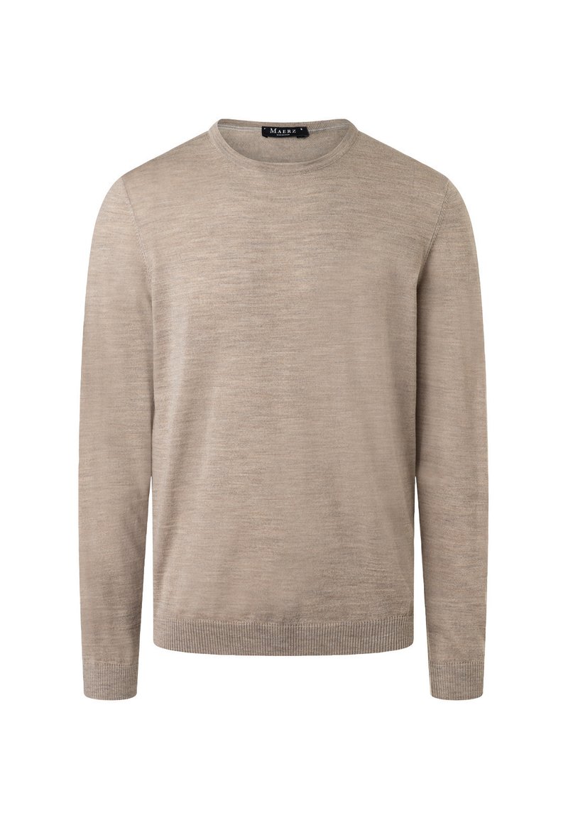 Beige crewneck tröja med lång ärm, tillverkad av ett mjukt, texturerat tyg. Ribbad mudd och nederkant ger detaljer till en minimalistisk design.