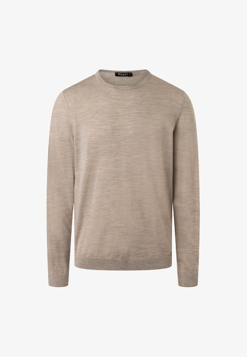 Béžový svetr s kulatým výstřihem a dlouhými rukávy, vyrobený z měkké, texturované látky. Ribbené manžety a lem dodávají detail minimalistickému designu.