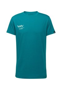 Teal bomulds t-shirt med rund halsudskæring. Har hvid logo tekst på brystet og et lille mærke på venstre ærme.