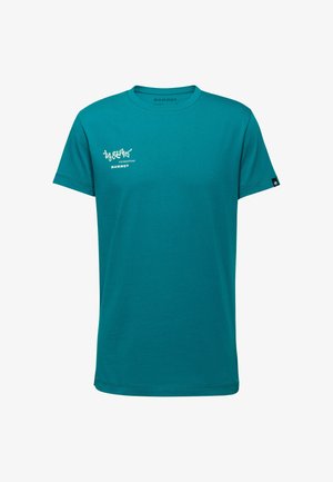 Teal cotton t-shirt with a crew neckline. Features white logo text on the chest and a small brand tag on the left sleeve.
