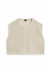 Strickweste in Creme mit einem quadratischen Muster aus offenen Maschen, kurzen Ärmeln, rundem Halsausschnitt und vornem Knopfverschluss. Texturiert.