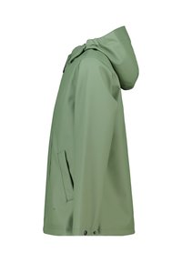 Water-resistant green jacket with a hood, featuring a side pocket, smooth texture, and a relaxed fit. Adjustable drawstring at the collar.