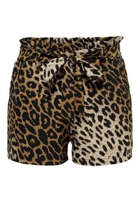 Shorts à imprimé léopard avec un schéma de couleurs noir et beige, dotés d'une taille élastique, d'une ceinture à nouer et d'un tissu doux et texturé.