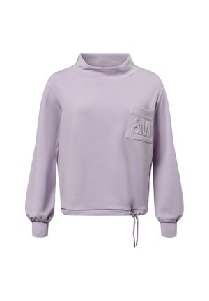 Lilac pullover sweatshirt with a mock neck, long puff sleeves, a drawstring hem, and a front pocket featuring an embossed "&M" logo.