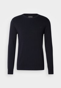 Navy blue cotton sweater with long sleeves, round neckline, and ribbed cuffs. Features a small logo embroidered on the chest.