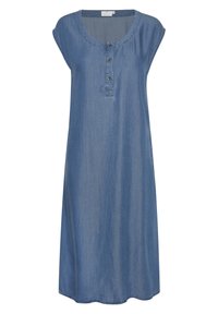 Abito in denim blu con scollatura tonda, maniche a giro e bottoni a vista. Il tessuto è morbido, con una texture liscia e una vestibilità rilassata.