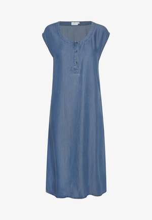 Denim jurk in blauw met een ronde hals, korte mouwen en knoopsluiting. De stof is zacht met een gladde textuur en een comfortabele pasvorm.