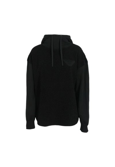 Felpa nera con cappuccio caratterizzata da una parte superiore testurizzata e pelosa e maniche lunghe lisce, con un logo discreto sul petto e cappuccio con cordino.