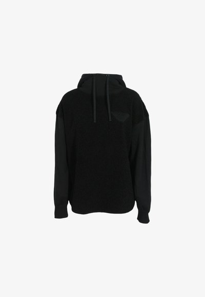 Felpa nera con cappuccio caratterizzata da una parte superiore testurizzata e pelosa e maniche lunghe lisce, con un logo discreto sul petto e cappuccio con cordino.