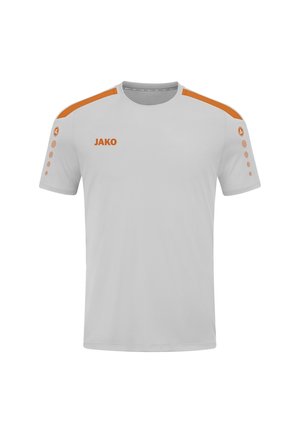 Kurzärmeliges Sportshirt in Hellgrau mit orangefarbenen Schulterakzenten und Logo. Verfügt über eine einfache, glatte Textur und kreisförmige Muster an den Ärmeln.
