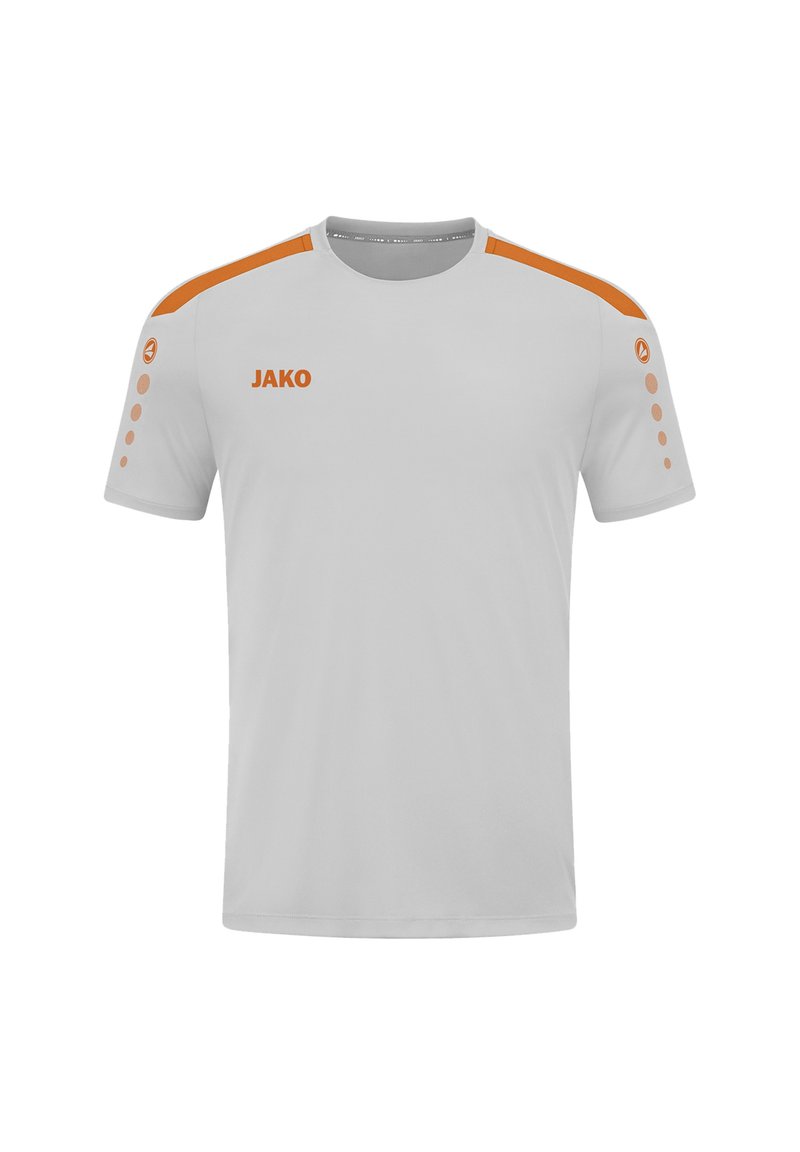 T-shirt de sport à manches courtes en gris clair avec des accents orange sur les épaules et un logo. Présente une texture simple et lisse avec des motifs circulaires sur les manches.