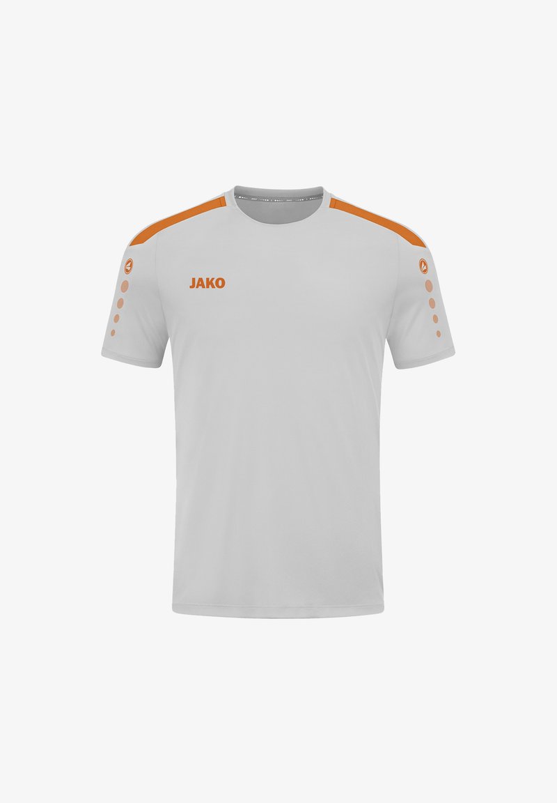 Maglietta sportiva a maniche corte di colore grigio chiaro con dettagli arancioni sulle spalle e logo. Presenta una texture semplice e liscia, con motivi circolari sulle maniche.