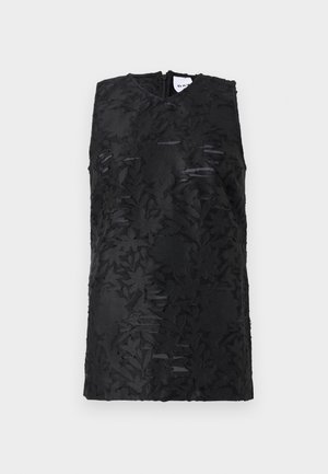 Robes sans manches en noir, comportant un tissu à motifs floraux avec des découpes, une surface texturée et une fermeture éclair au dos.