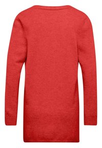 Pull rouge à manches longues avec un col arrondi. Texture douce, couleur unie et poignets côtelés. Pas de motifs ou d'accents visibles.