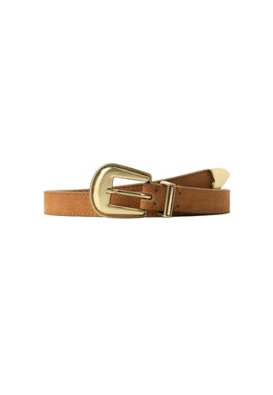 Ceinture en daim marron avec boucle décorative en métal doré et extrémité en métal doré assortie.