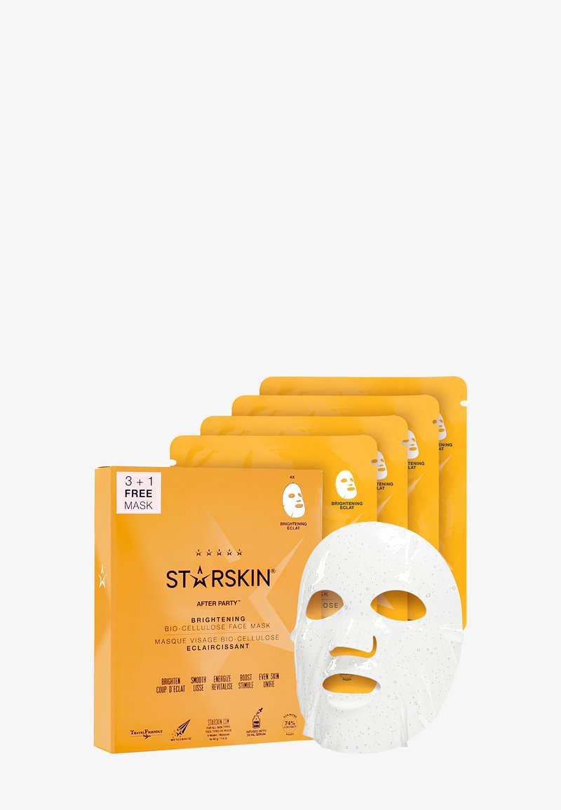 Masques visage bio-cellulose Starskin éclaircissants avec emballage orange et un masque en feuille texturé blanc présenté devant.
