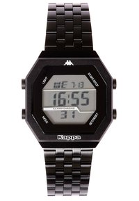 Svart digital klocka med åttakantig urtavla, armband i rostfritt stål, LCD-skärm som visar tid, datum och väckarfunktioner. Kappa-logotyp synlig.