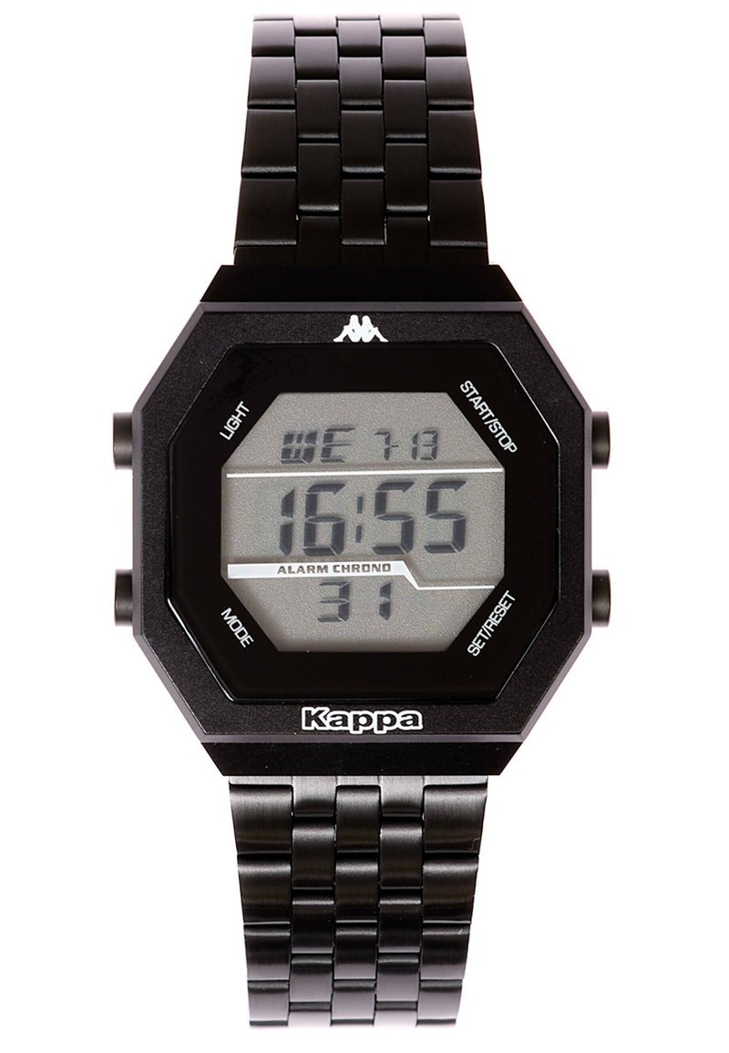 Svart digital klocka med åttakantig urtavla, armband i rostfritt stål, LCD-skärm som visar tid, datum och väckarfunktioner. Kappa-logotyp synlig.