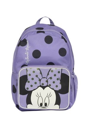 Mochila morada con grandes lunares negros, bolsillo lateral de malla y bolsillo frontal con la cara de Minnie Mouse con un lazo morado de lunares.