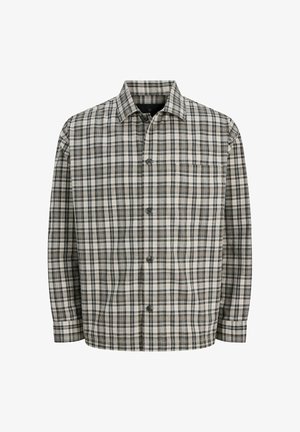 Camisa de cuadros de botones en gris, negro y blanco. Cuenta con cuello, mangas largas y un bolsillo parche en el pecho izquierdo.