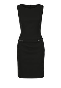 Svart ärmlös klänning med en kroppsnära silhuett, med sidofickor med dragkedja och en mjuk textur. Knälång design, rund hals.