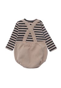 Gestreiftes Langarm-Bodysuit mit einem waffle-texturierten beigen Unterteil; ausgestattet mit überkreuzten Trägern und einem gerundeten, gerafften unteren Teil.