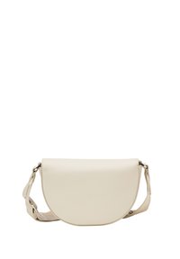 Beige Umhängetasche aus glattem, lederähnlichem Material, mit runder Form, verstellbarem Tragegurt und minimalistischem Design.