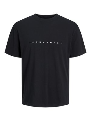 T-shirt en coton noir avec un col rond, des manches courtes, et un logo en texte blanc "JACK & JONES" centré sur le devant. Coupe simple et décontractée.