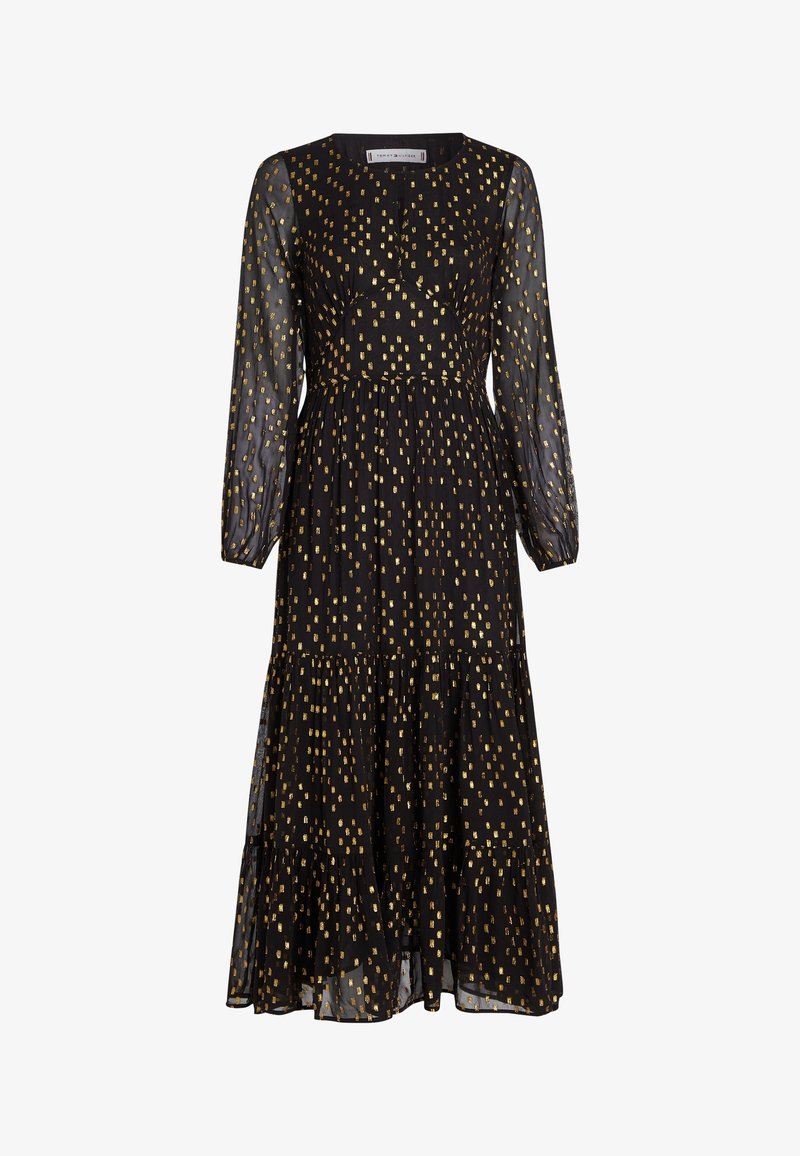tommy hilfiger sheer sleeve dress TOMMY HILFIGER Womens Navy Sheer Belted Pouf Sleeve Surplice Neckline Midi Evening Faux Wrap Dress 12