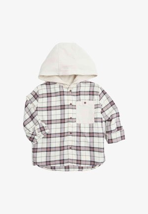 Camicia flanella plaid in crema, blu navy e bordeaux, con cappuccio bianco, chiusura a bottoni e tasca singola sul lato sinistro.