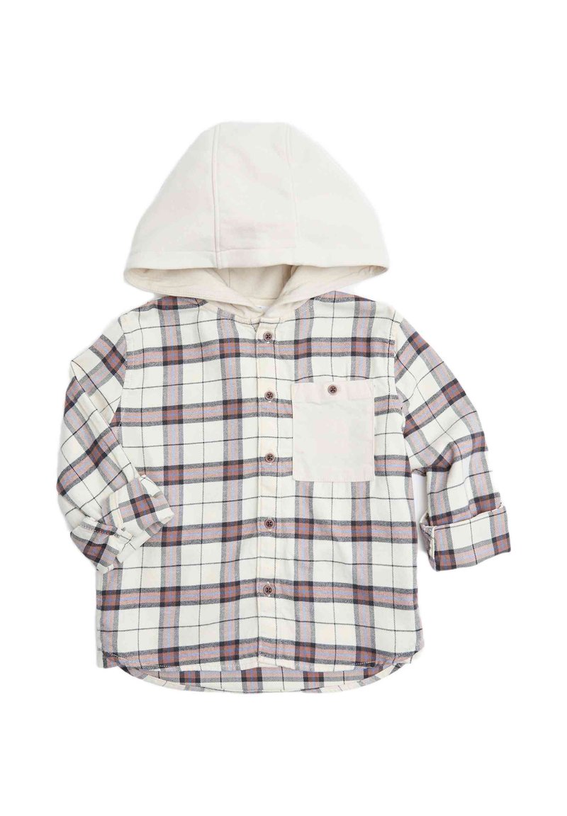 Gestreepte flanellen shirt in crème, marineblauw en bordeaux, met een witte capuchon, knoopsluiting en een enkele pocket aan de linkerkant.