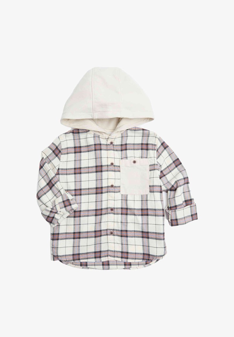 Camisa de franela a cuadros en crema, azul marino y burdeos, con capucha blanca, cierre de botones y un bolsillo en el lado izquierdo.