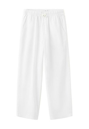 Pantalon blanc à jambes larges avec taille élastique et cordon de serrage, poches avant, et coupe décontractée.