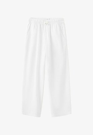Biele nohavice s širokými nohavicami, elastickým pásom a sťahovacou šnúrkou, predné vrecká a voľný strih.