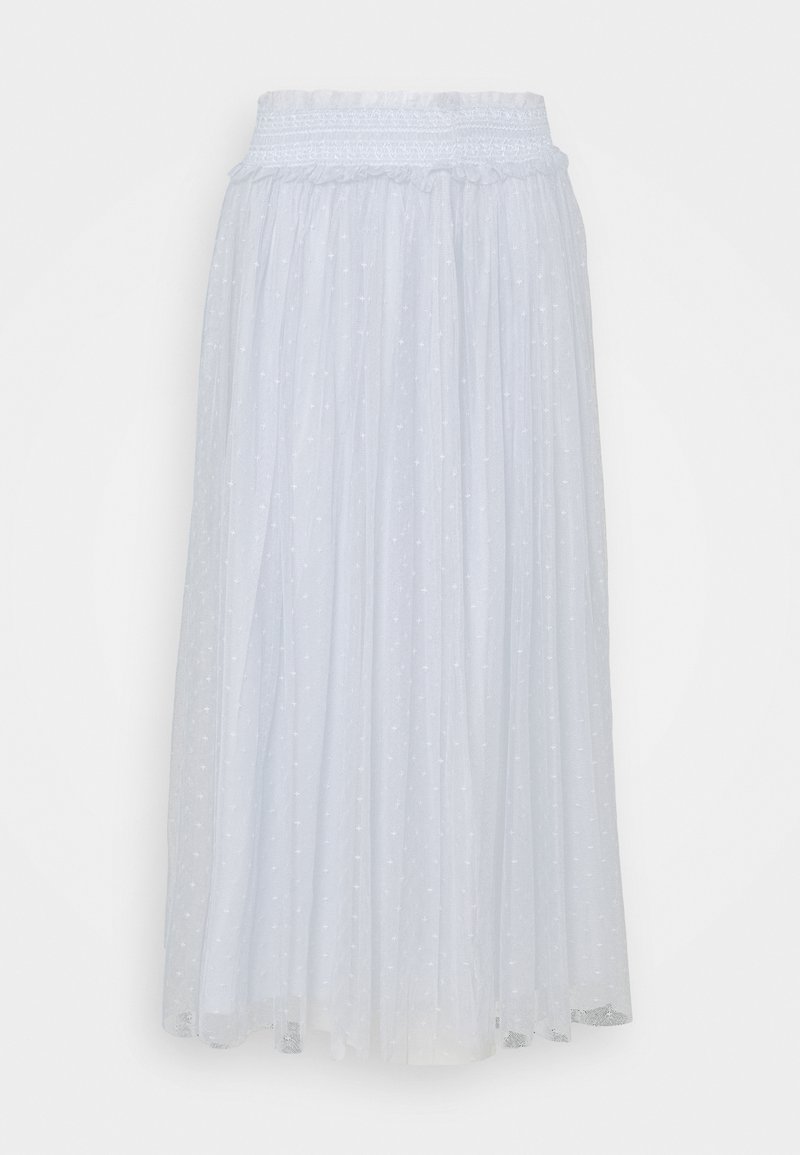 Jupe maxi blanche avec taille smockée et tissu transparent en couches, ornée de petits motifs croix brodés.