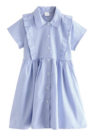 Vestido de manga corta a cuadros en azul claro y blanco, con botones en la parte delantera, cuello, cintura fruncida y detalles de volantes en la parte delantera.