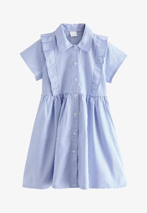 Vestito a maniche corte a quadretti azzurro chiaro e bianco con bottoni frontali, colletto, vita arricciata e dettagli a volant davanti.