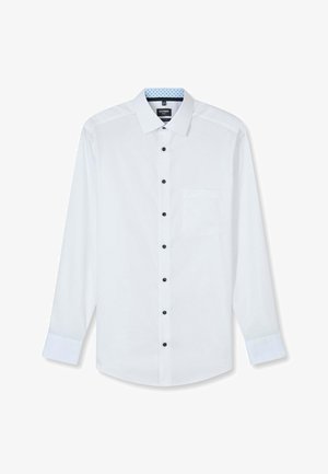 White long-sleeve men's dress shirt with black buttons, classic collar, chest pocket, and light blue inner collar lining with pattern.