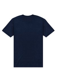 Námořnická modrá bavlněná tričko, krátké rukávy, kulatý výstřih, hladká textura, jednobarevný zadní díl bez grafik nebo ozdob.