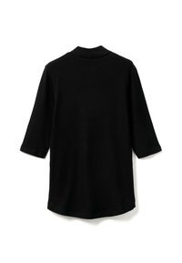 Černá žebrovaná tunika s vysokým výstřihem a tříčtvrtečními rukávy, se rovnými lemy a texturovaným materiálem.